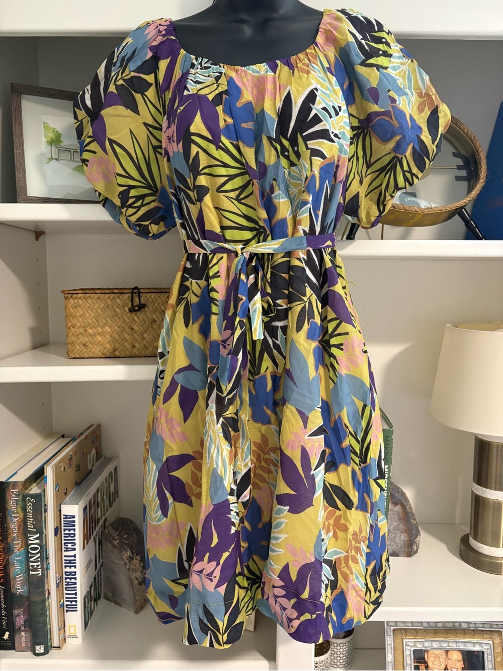 NWT Joy Joy Yellow Tropical Floral Puff-Sleeve Dress with Blue & Purple Accents